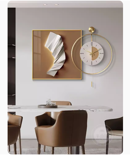 Contemporary luxury dining room decor, high-end abstract dining table clock painting, atmospheric and simple living room wall clock painting.