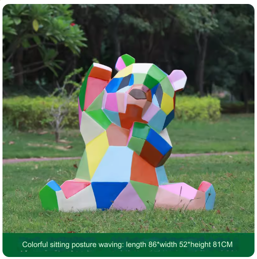 Fiberglass painted panda sculpture, outdoor lawn decoration with geometric animal design.