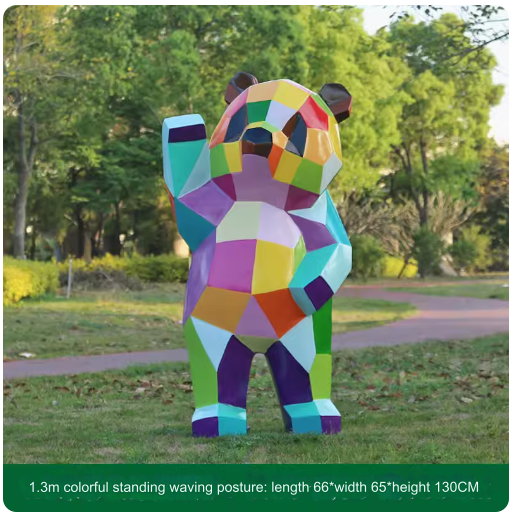 Fiberglass painted panda sculpture, outdoor lawn decoration with geometric animal design.