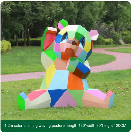 Fiberglass painted panda sculpture, outdoor lawn decoration with geometric animal design.