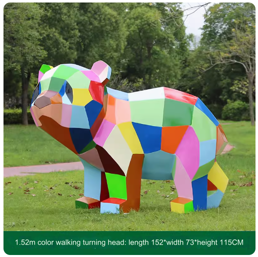 Fiberglass painted panda sculpture, outdoor lawn decoration with geometric animal design.