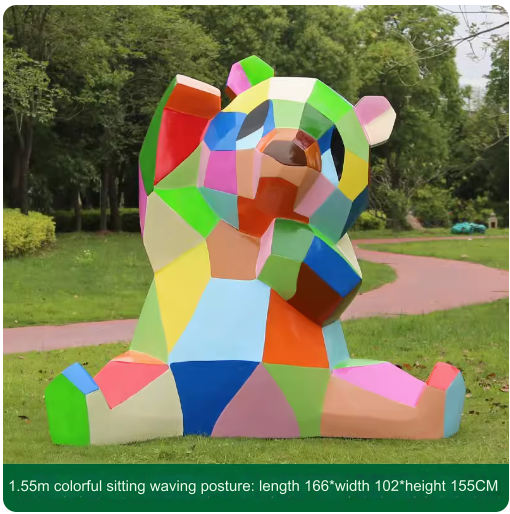 Fiberglass painted panda sculpture, outdoor lawn decoration with geometric animal design.