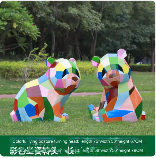 Fiberglass painted panda sculpture, outdoor lawn decoration with geometric animal design.