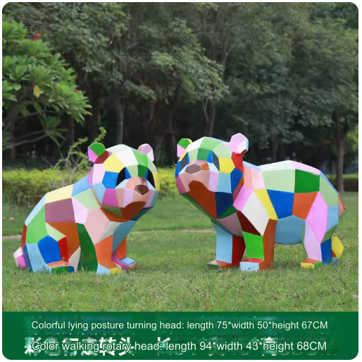 Fiberglass painted panda sculpture, outdoor lawn decoration with geometric animal design.