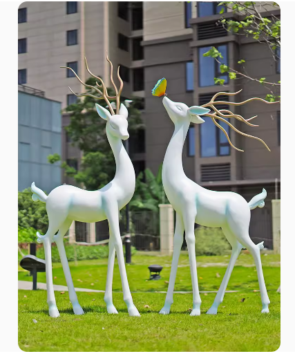 Crafted from fiberglass, these abstract white deer sculptures serve as stunning outdoor decorative pieces, perfect for enhancing the aesthetic appeal of parks, lawns, and gardens.