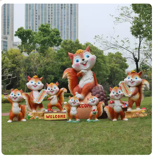 Fiberglass material, environmentally friendly and harmless, suitable for outdoor use, designed as a cartoon squirrel sculpture for lawn decoration in parks.