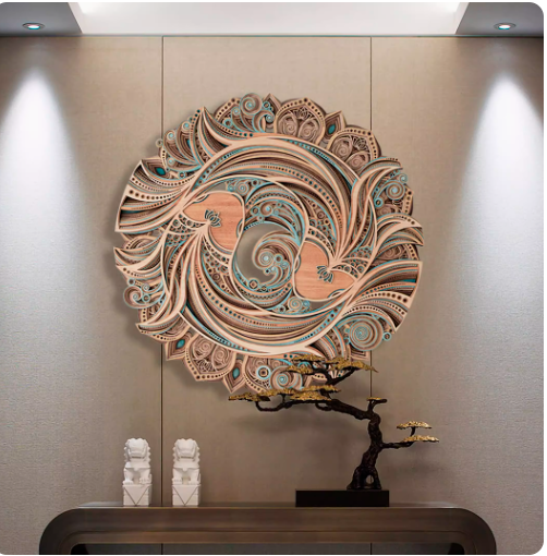 Circular wall decoration with stacked wooden carvings in a new Chinese style, ideal for adorning the living room or dining room background wall.