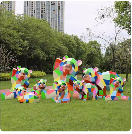 Fiberglass painted panda sculpture, outdoor lawn decoration with geometric animal design.