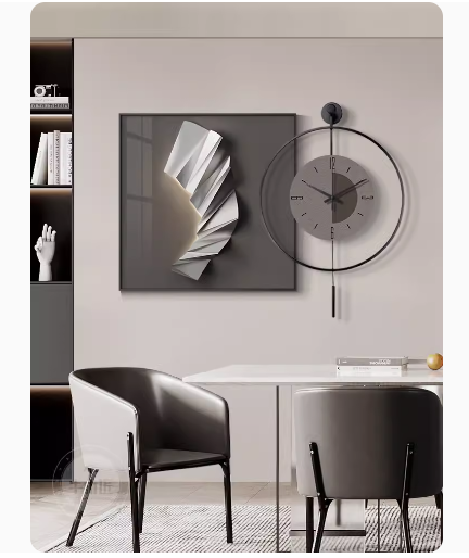 Contemporary luxury dining room decor, high-end abstract dining table clock painting, atmospheric and simple living room wall clock painting.