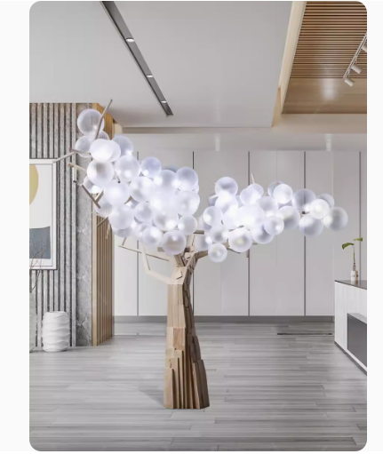 Interior landscape transparent tree ball lamp art installation, large floor decoration for hall landscaping.