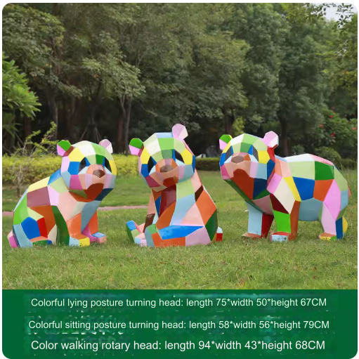 Fiberglass painted panda sculpture, outdoor lawn decoration with geometric animal design.