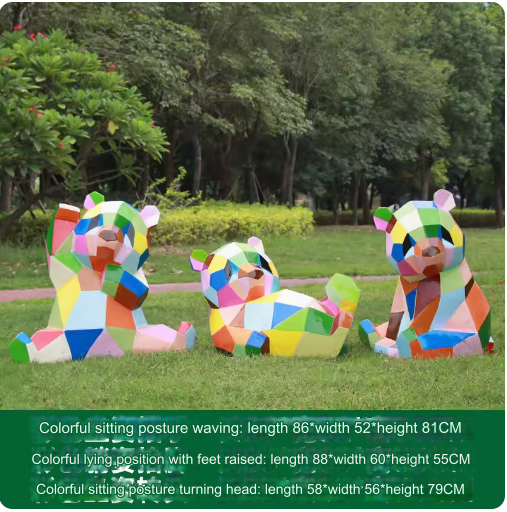 Fiberglass painted panda sculpture, outdoor lawn decoration with geometric animal design.