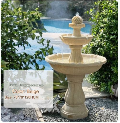 A European-style garden fountain villa decoration, featuring solar-powered circulating water, ideal for outdoor pools and courtyard landscaping, creating a serene ambiance and serving as a wishing well.