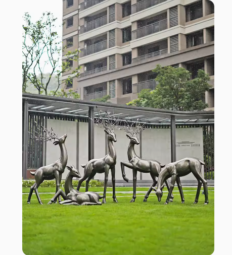 Outdoor abstract imitation bronze deer sculpture, made of fiberglass, suitable for landscape decoration.