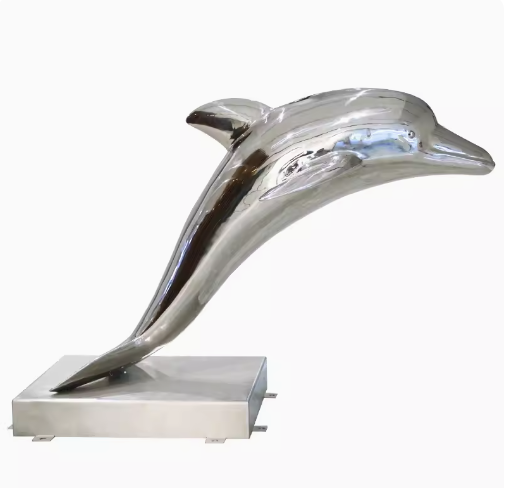 Stainless steel simulated dolphin fish sculpture, suitable for outdoor pool landscaping decoration, large floor-standing ornament.