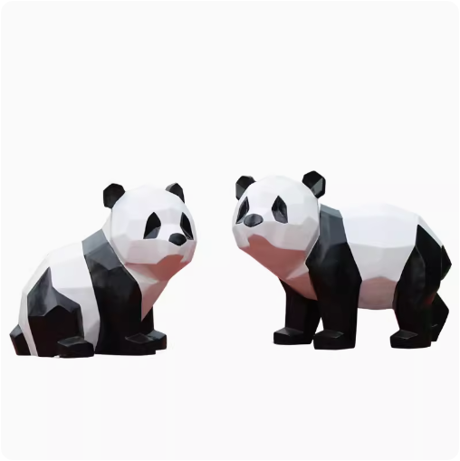 Fiberglass painted panda sculpture, outdoor lawn decoration with geometric animal design.