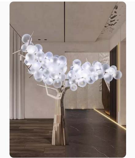 Interior landscape transparent tree ball lamp art installation, large floor decoration for hall landscaping.