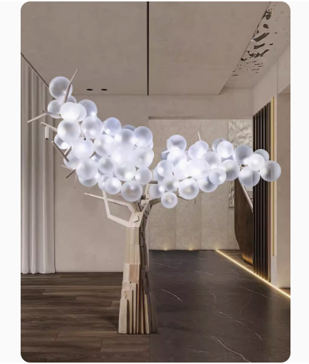 Interior landscape transparent tree ball lamp art installation, large floor decoration for hall landscaping.