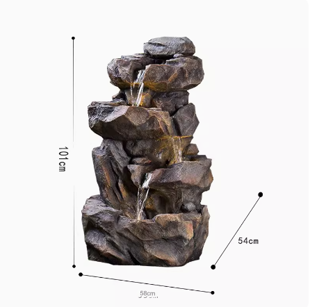 A faux stone rockery fountain with flowing water, symbolizing prosperity, suitable for outdoor garden, courtyard, balcony landscape decoration with a circulating water pool.