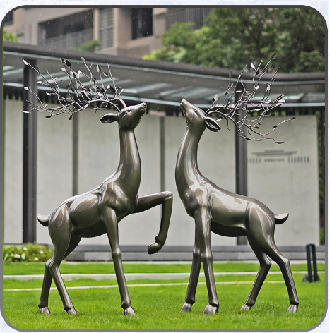 Outdoor abstract imitation bronze deer sculpture, made of fiberglass, suitable for landscape decoration.