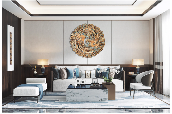 Circular wall decoration with stacked wooden carvings in a new Chinese style, ideal for adorning the living room or dining room background wall.