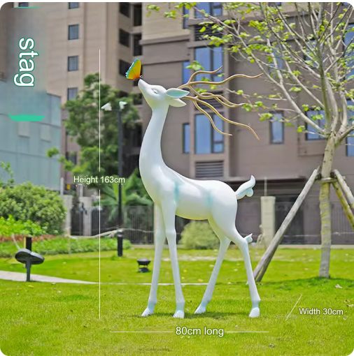 Crafted from fiberglass, these abstract white deer sculptures serve as stunning outdoor decorative pieces, perfect for enhancing the aesthetic appeal of parks, lawns, and gardens.