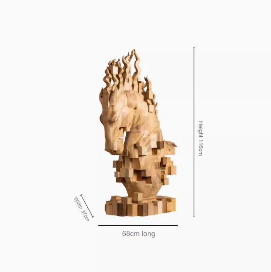 Abstract Pixelated Horse Head Sculpture: Wooden Art Installation Décor Piece