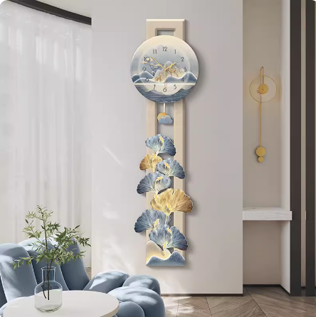 Luxurious entryway decor with a nine-fish painting and clock wall hanging.