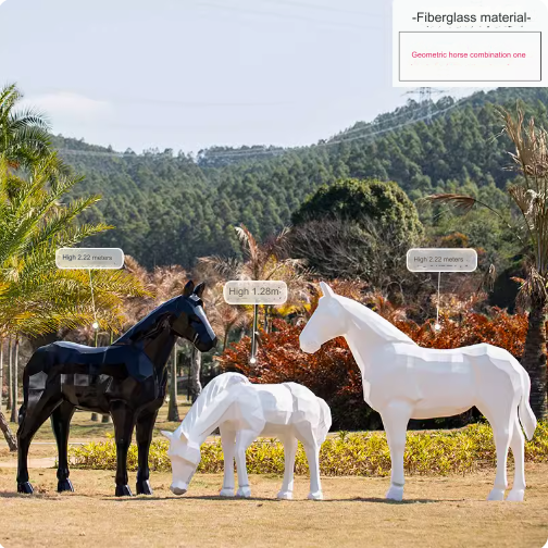 Outdoor large-scale geometric white horse fiberglass sculpture, realistic animal model decoration ornament.