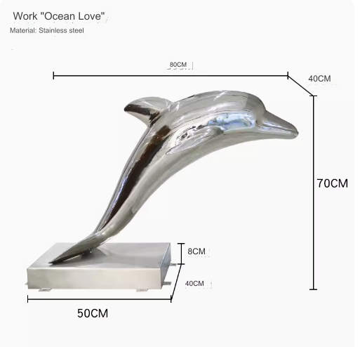 Stainless steel simulated dolphin fish sculpture, suitable for outdoor pool landscaping decoration, large floor-standing ornament.