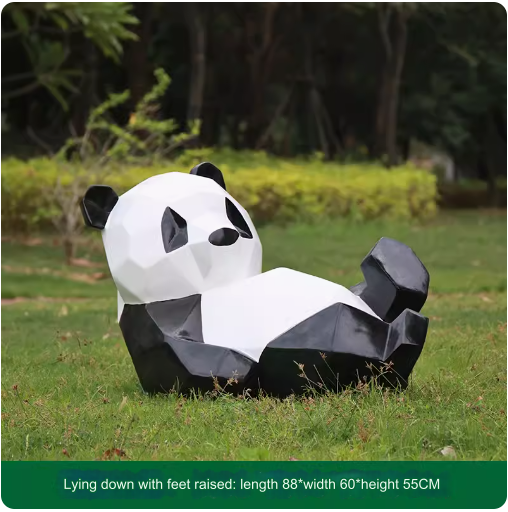 Fiberglass painted panda sculpture, outdoor lawn decoration with geometric animal design.