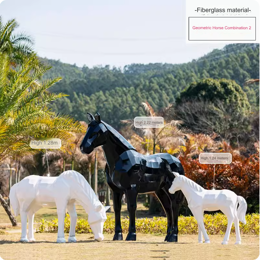 Outdoor large-scale geometric white horse fiberglass sculpture, realistic animal model decoration ornament.