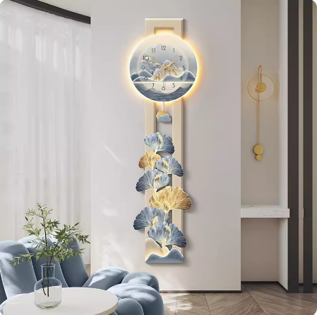 Luxurious entryway decor with a nine-fish painting and clock wall hanging.