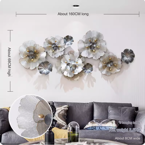 French-style luxury iron wall decor, suitable for living room sofa background wall, featuring three-dimensional flower ornaments, creative bed head wall hanging.