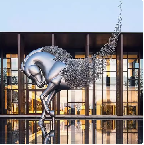 Custom-made stainless steel horse sculpture, designed for large courtyard spaces, featuring intricate metal hollowing and outdoor artistic animal figurines.