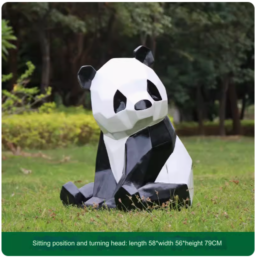 Fiberglass painted panda sculpture, outdoor lawn decoration with geometric animal design.