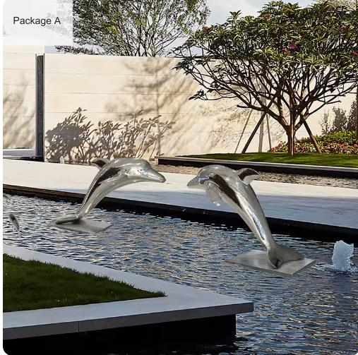 Stainless steel simulated dolphin fish sculpture, suitable for outdoor pool landscaping decoration, large floor-standing ornament.