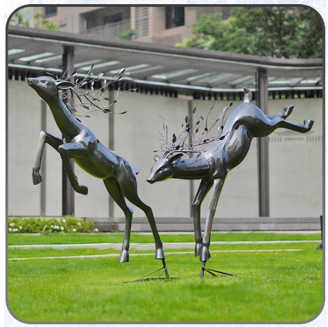 Outdoor abstract imitation bronze deer sculpture, made of fiberglass, suitable for landscape decoration.