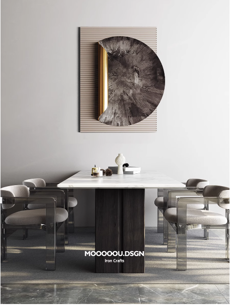 Italian minimalist design for the living room sofa background wall, adding a touch of luxury to the foyer with metal three-dimensional iron art wall decoration, ideal for enhancing the ambiance of the dining room.