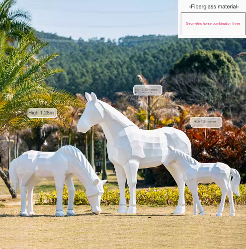 Outdoor large-scale geometric white horse fiberglass sculpture, realistic animal model decoration ornament.