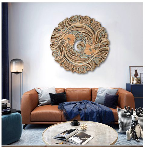 Circular wall decoration with stacked wooden carvings in a new Chinese style, ideal for adorning the living room or dining room background wall.