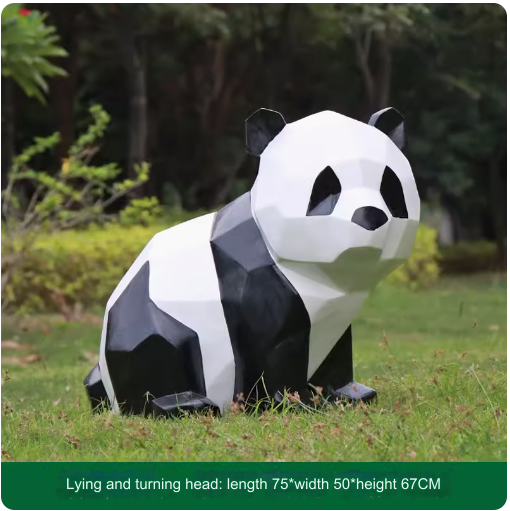 Fiberglass painted panda sculpture, outdoor lawn decoration with geometric animal design.