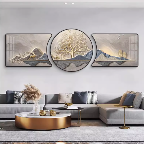 Living room decorative painting: Atmosphere, "Prosperous Fortune Tree", three-piece set, simple modern wall art.