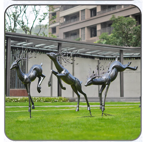 Outdoor abstract imitation bronze deer sculpture, made of fiberglass, suitable for landscape decoration.