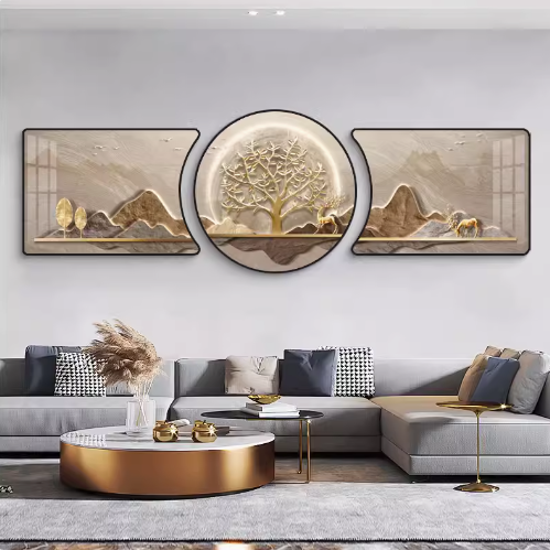 Living room decorative painting: Atmosphere, "Prosperous Fortune Tree", three-piece set, simple modern wall art.