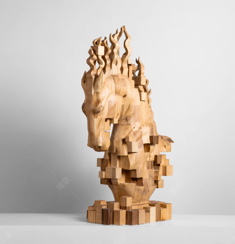 Abstract Pixelated Horse Head Sculpture: Wooden Art Installation Décor Piece