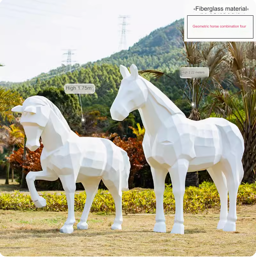 Outdoor large-scale geometric white horse fiberglass sculpture, realistic animal model decoration ornament.