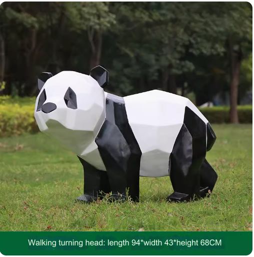 Fiberglass painted panda sculpture, outdoor lawn decoration with geometric animal design.