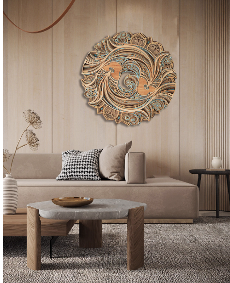 Circular wall decoration with stacked wooden carvings in a new Chinese style, ideal for adorning the living room or dining room background wall.