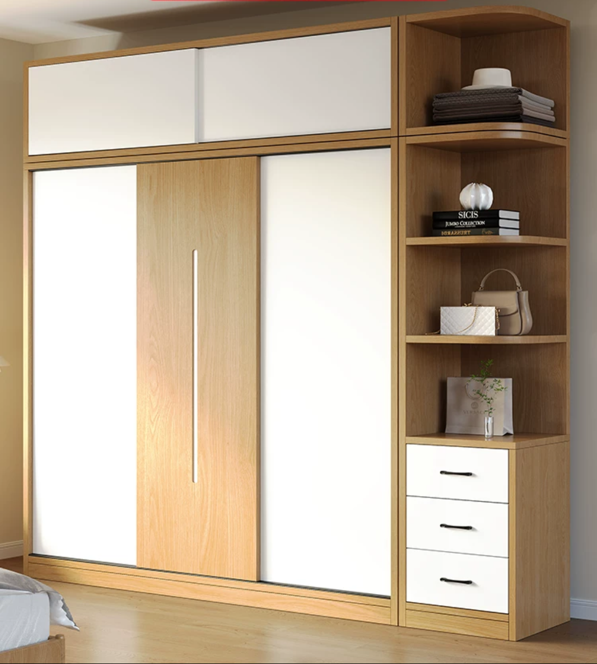 Affordable Storage Solution: Solid Wood Three-Door Wardrobe with Sliding Doors